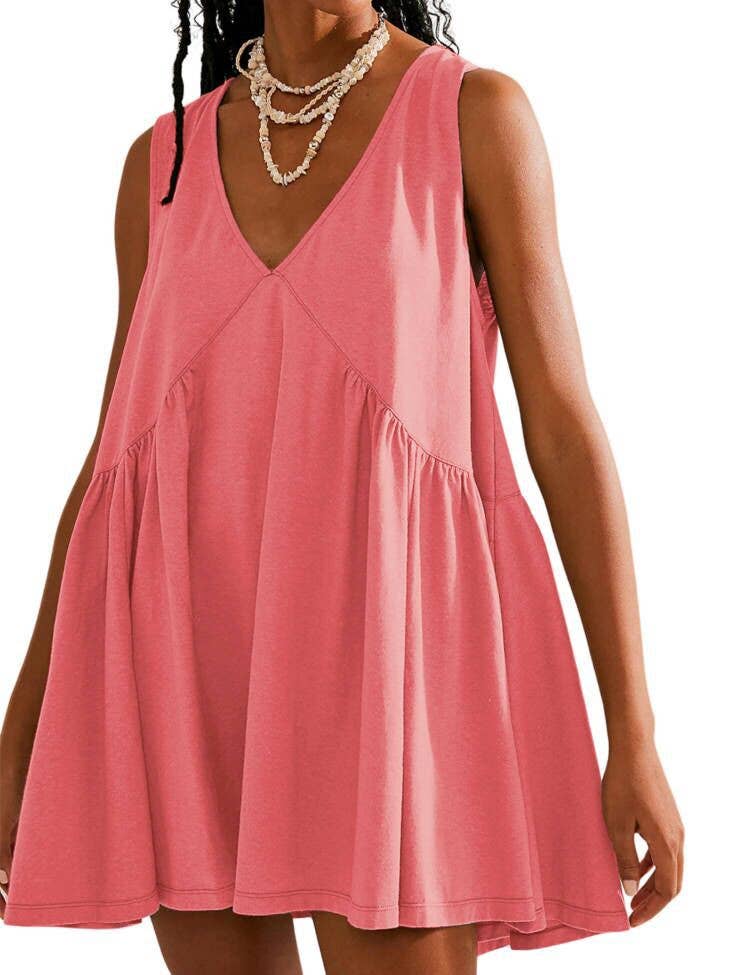 Summer V-Neck Pleated Sleeveless Vest Dress