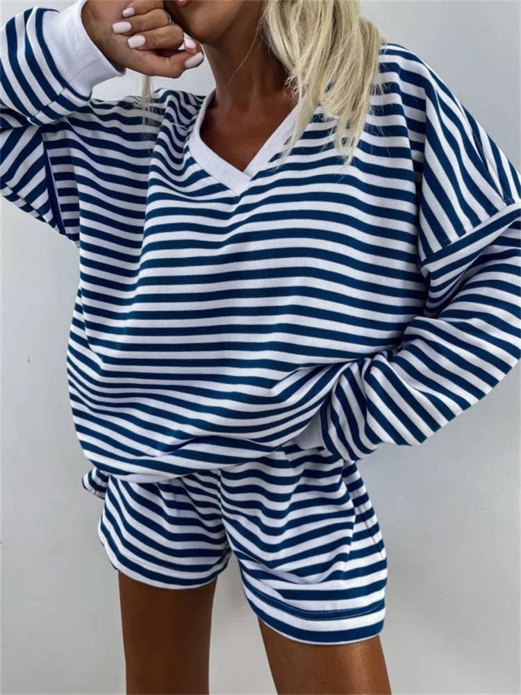 Striped V-Neck Oversized Sweatshirt Shorts Set
