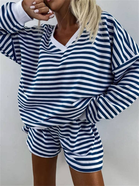 Striped V-Neck Oversized Sweatshirt Shorts Set