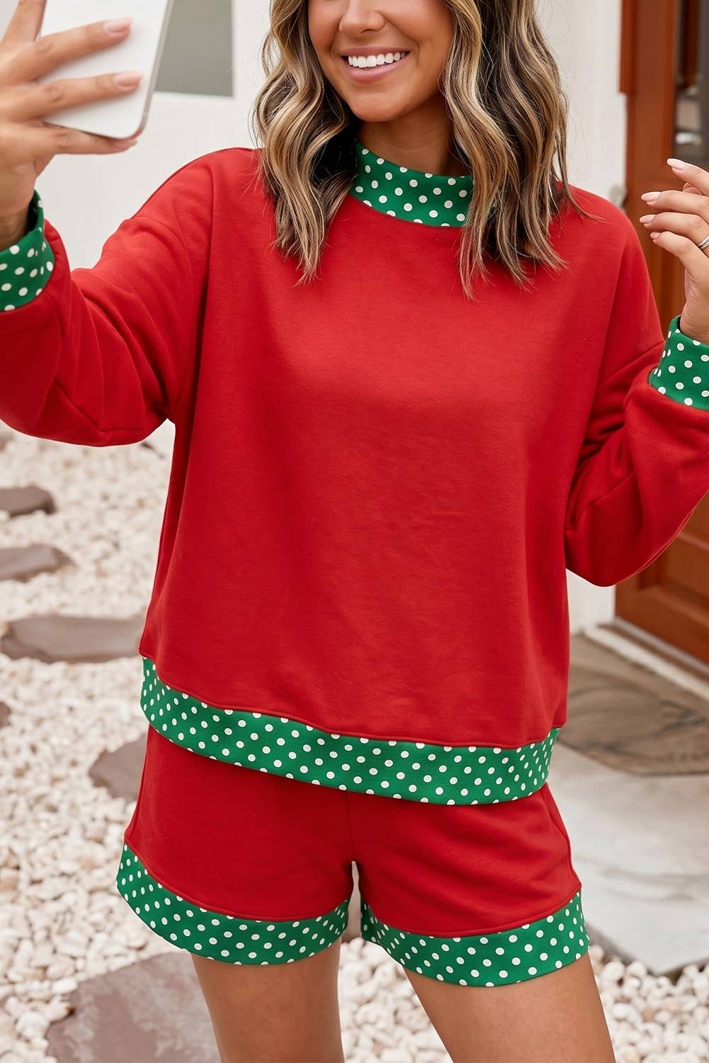 F/W 26 Hot Polka Dot Trim Mock Neck 2pcs Short Set |S-4X