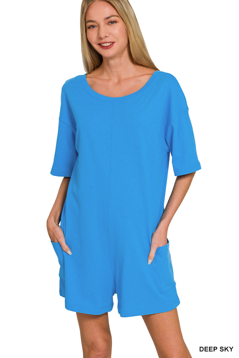 V OR SCOOP ROMPER POCKETS