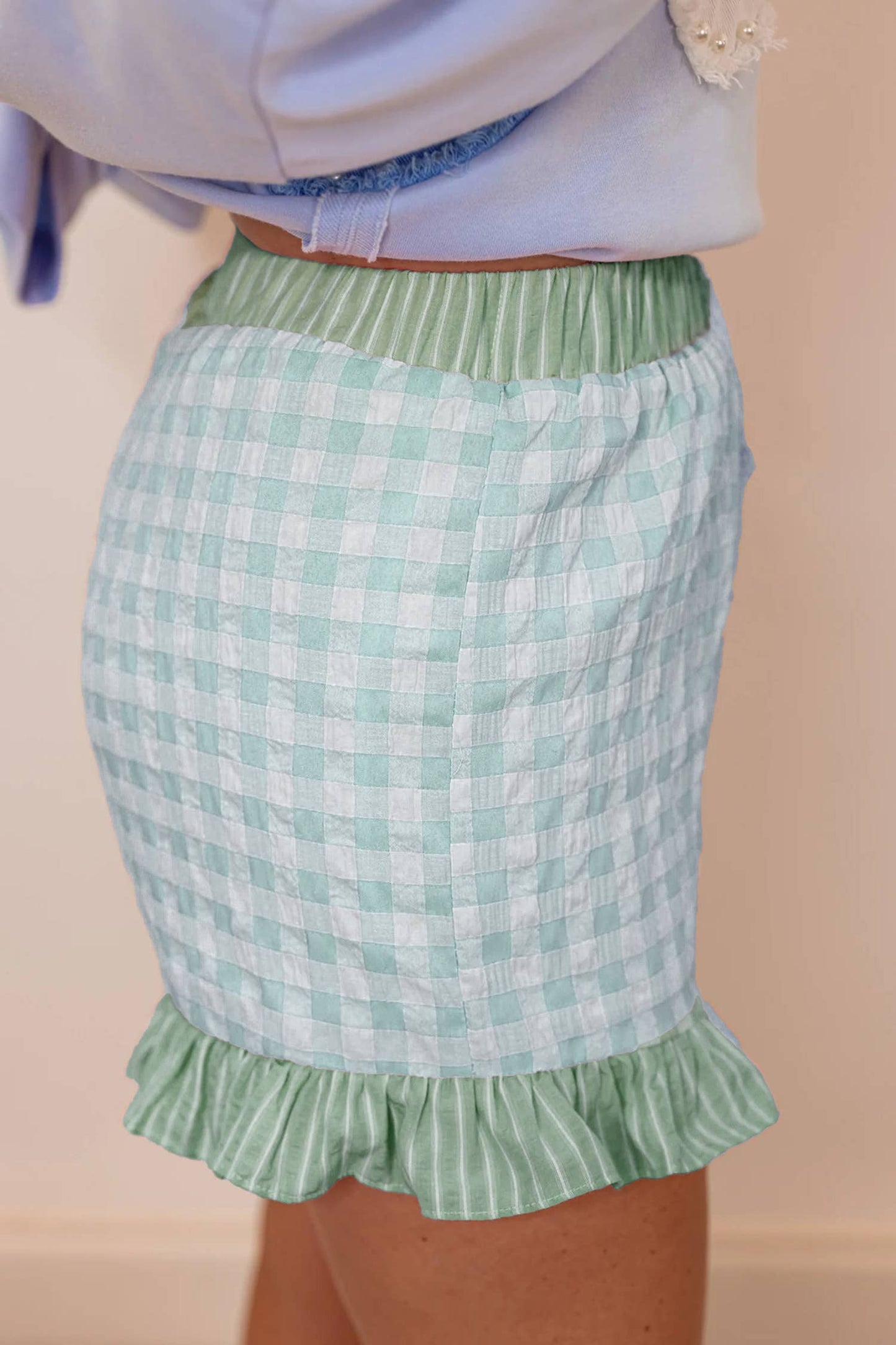 66 Plus Plaid Checkered Gingham Print Ruffled Shorts (S-4X)
