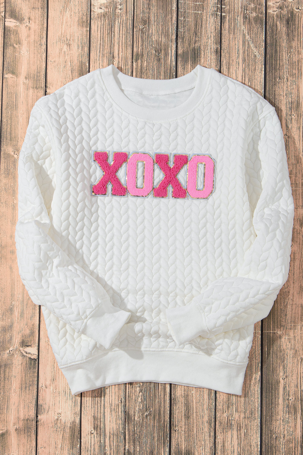 White XOXO Chenille Letter Patch Quilted Sweatshirt