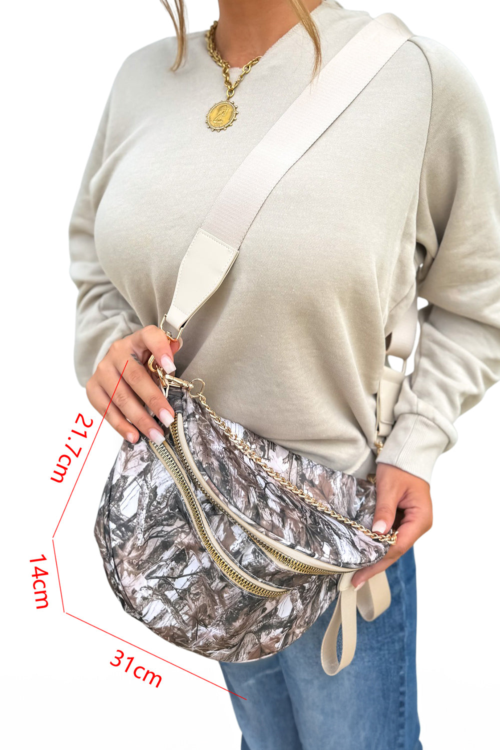 Light Grey Camouflage Print Double Zipper Crossbody Bag