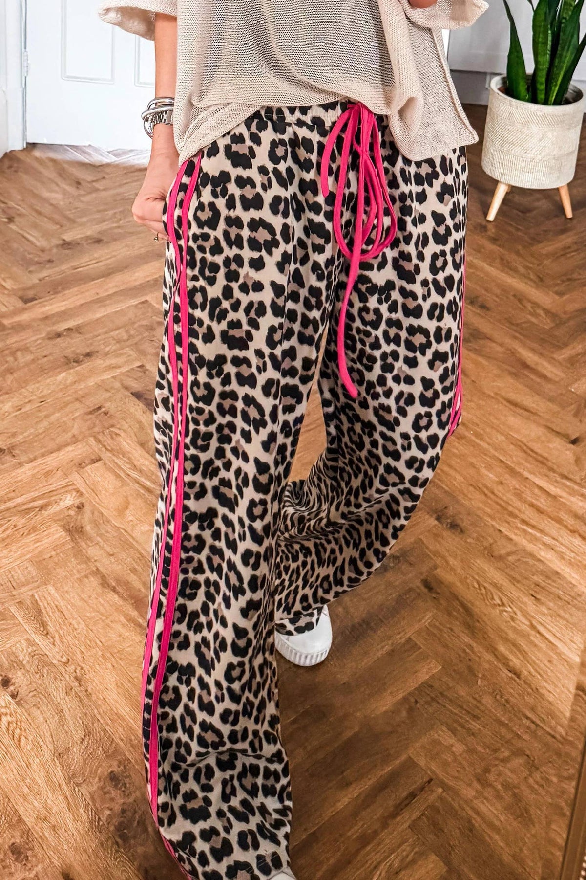 LDC Contrast Detail Tie Waist Leopard Print Casual Pants