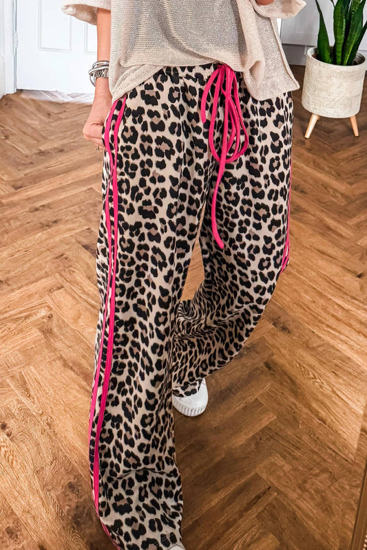 LDC Contrast Detail Tie Waist Leopard Print Casual Pants