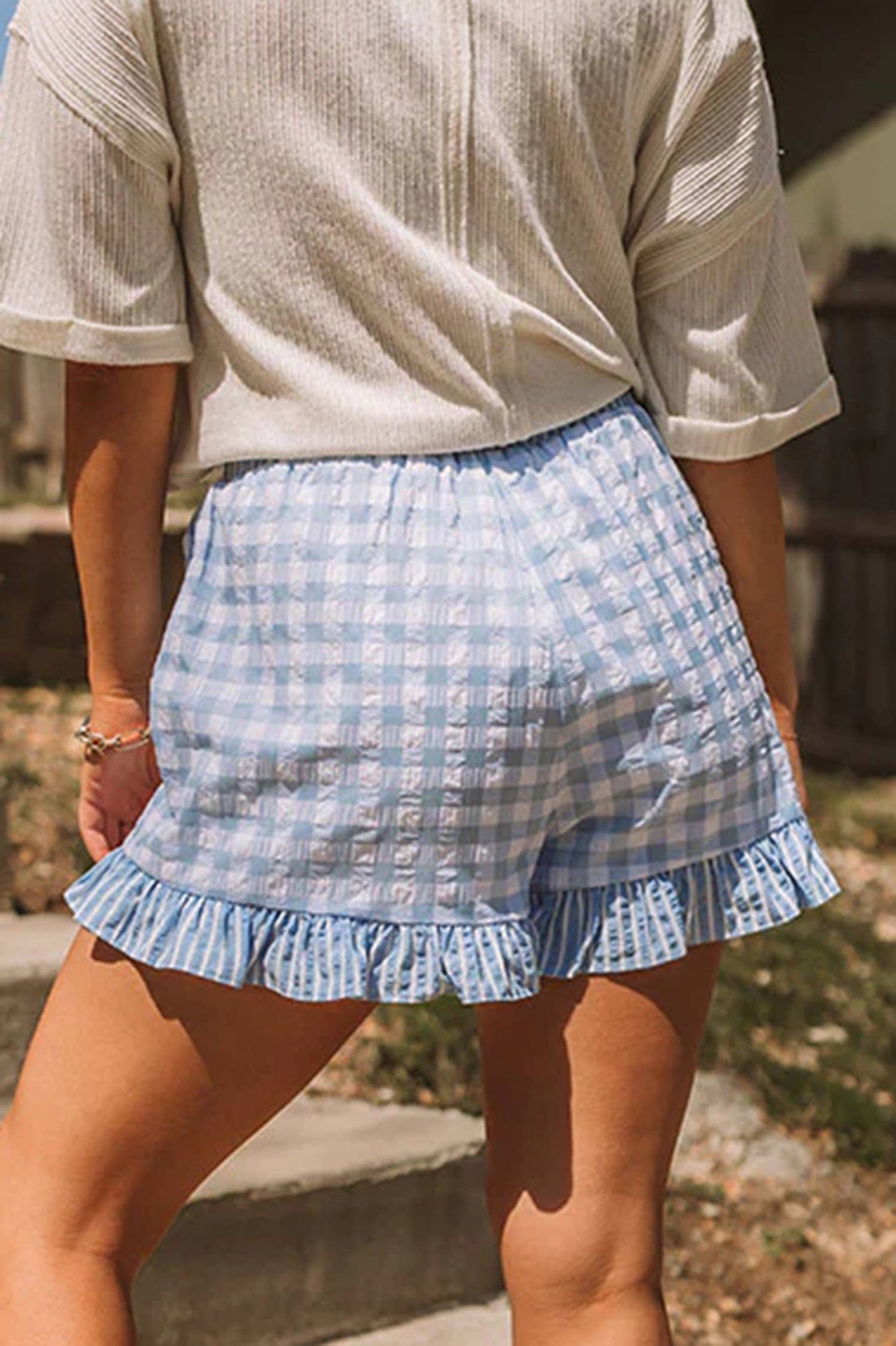 66 Plus Plaid Checkered Gingham Print Ruffled Shorts (S-4X)