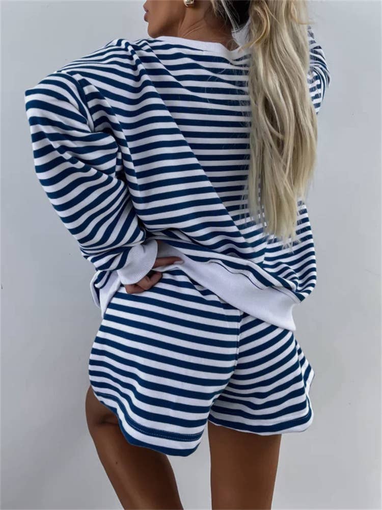 Striped V-Neck Oversized Sweatshirt Shorts Set
