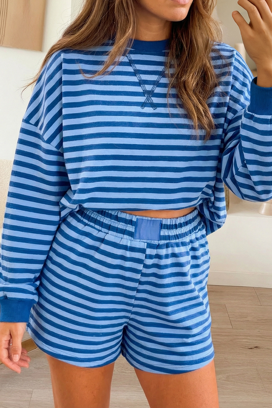Stripe Long Sleeve Pullover Elastic Waist Shorts Set (S-XL)