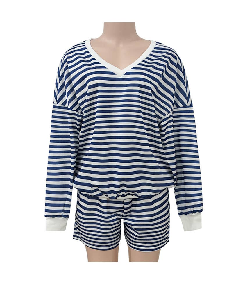 Striped V-Neck Oversized Sweatshirt Shorts Set
