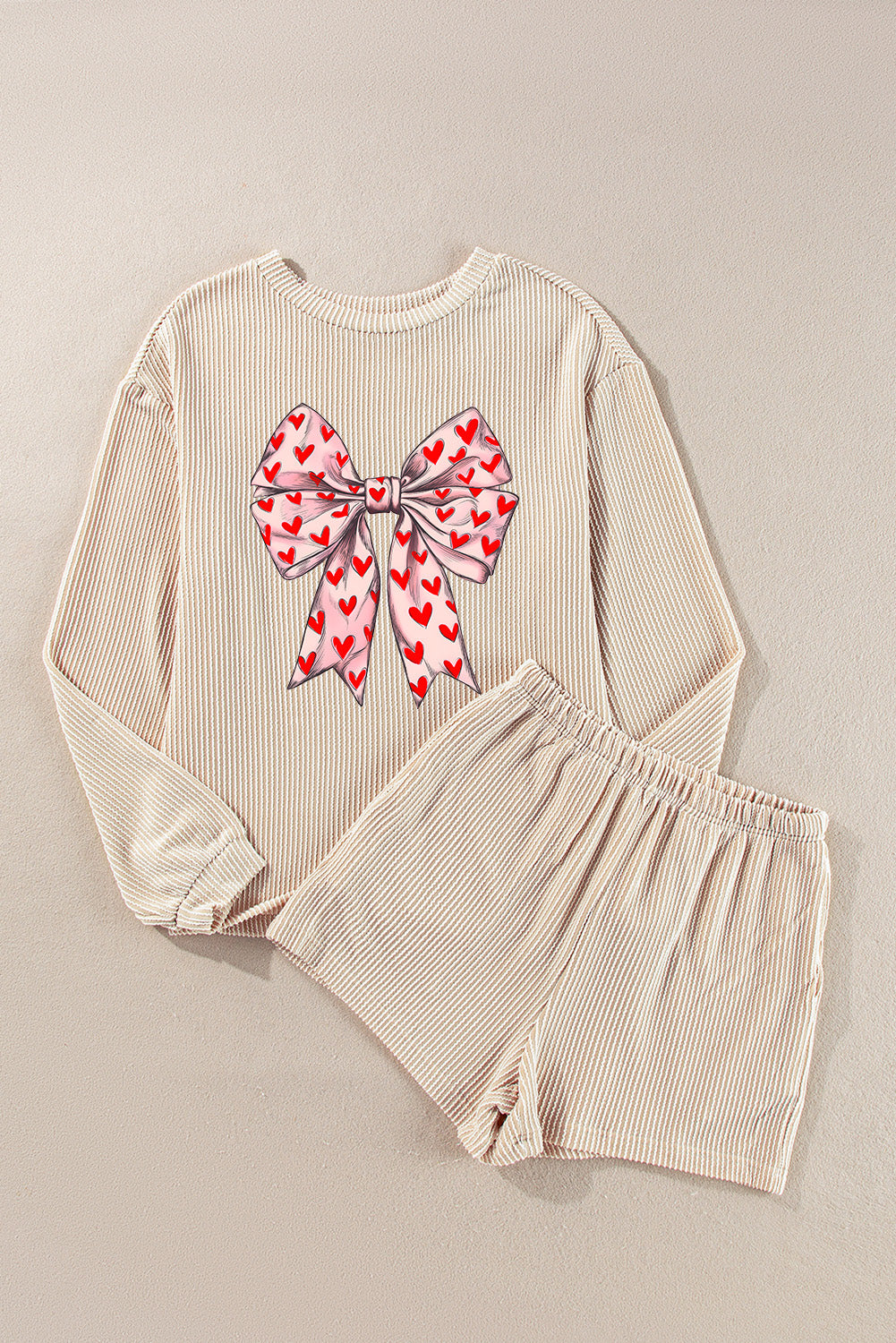 Parchment Valentines Heart Bow Graphic Corded Long Sleeve Top and Shorts Set