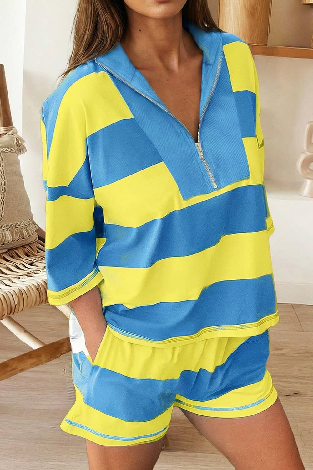 Stripe Seam Half Zip Tee and Casual Shorts 2pcs Set (S-4X)