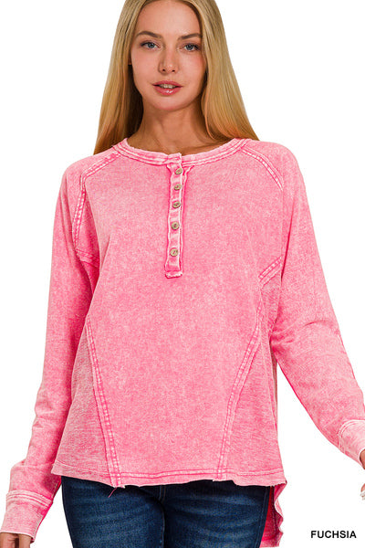 WASHED F/TERRY BUTTON HENLEY RAGLAN TOP