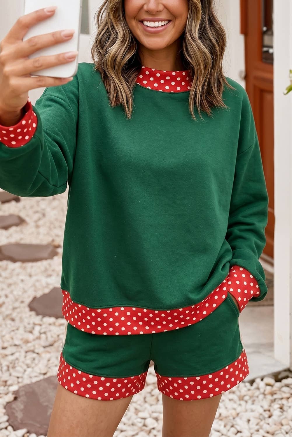 F/W 26 Hot Polka Dot Trim Mock Neck 2pcs Short Set |S-4X