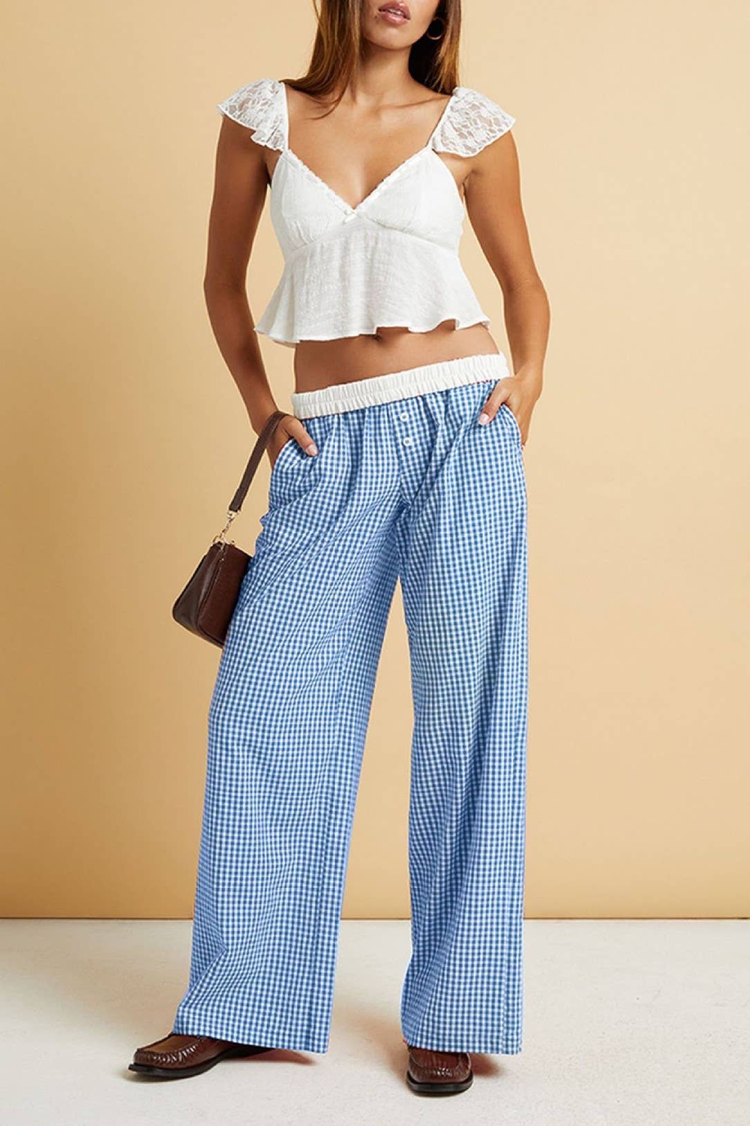 Easy daily patchwork gingham wide leg pants