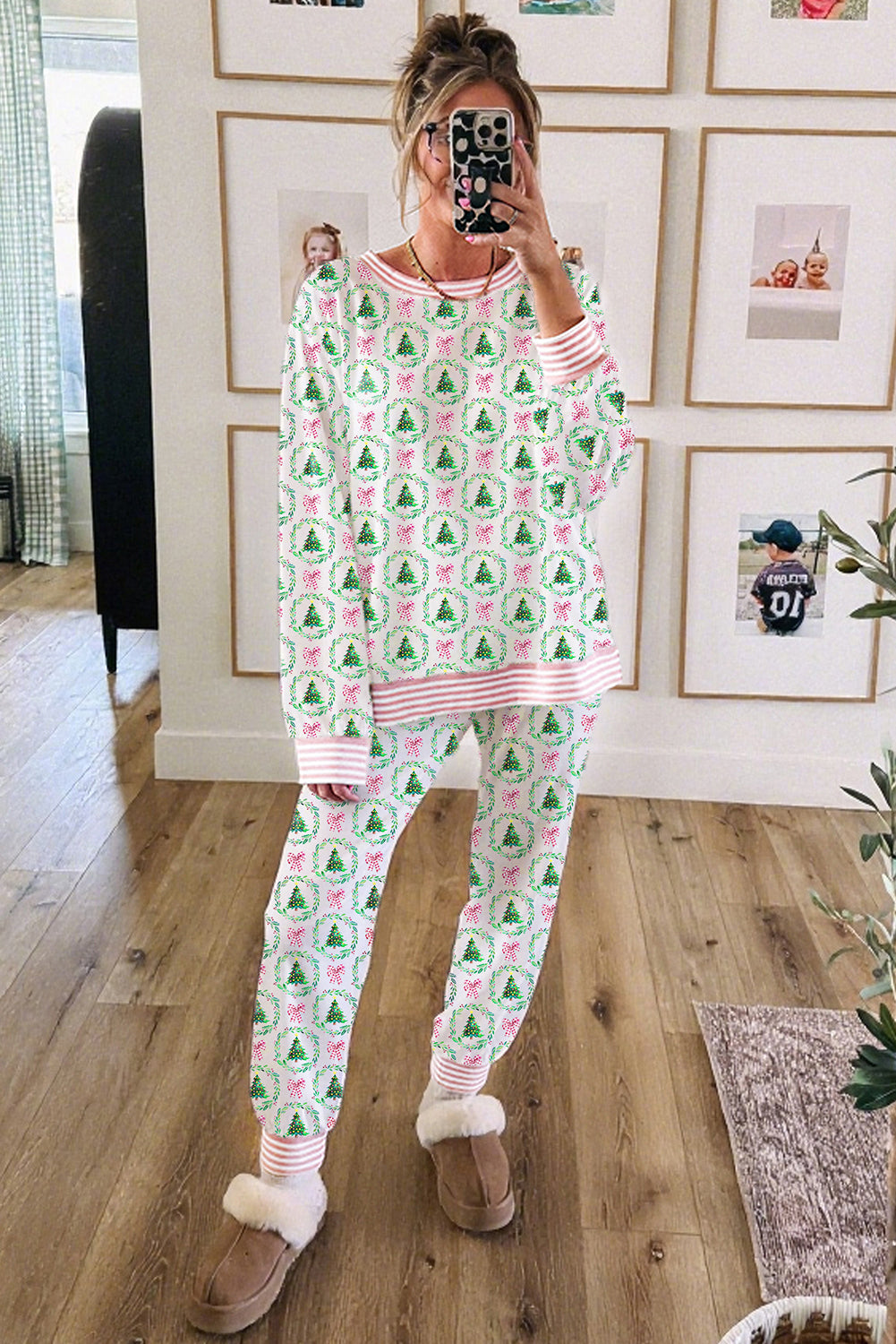 Pink Christmas Tree Reindeer Print Contrast Striped Trim Pajama Set