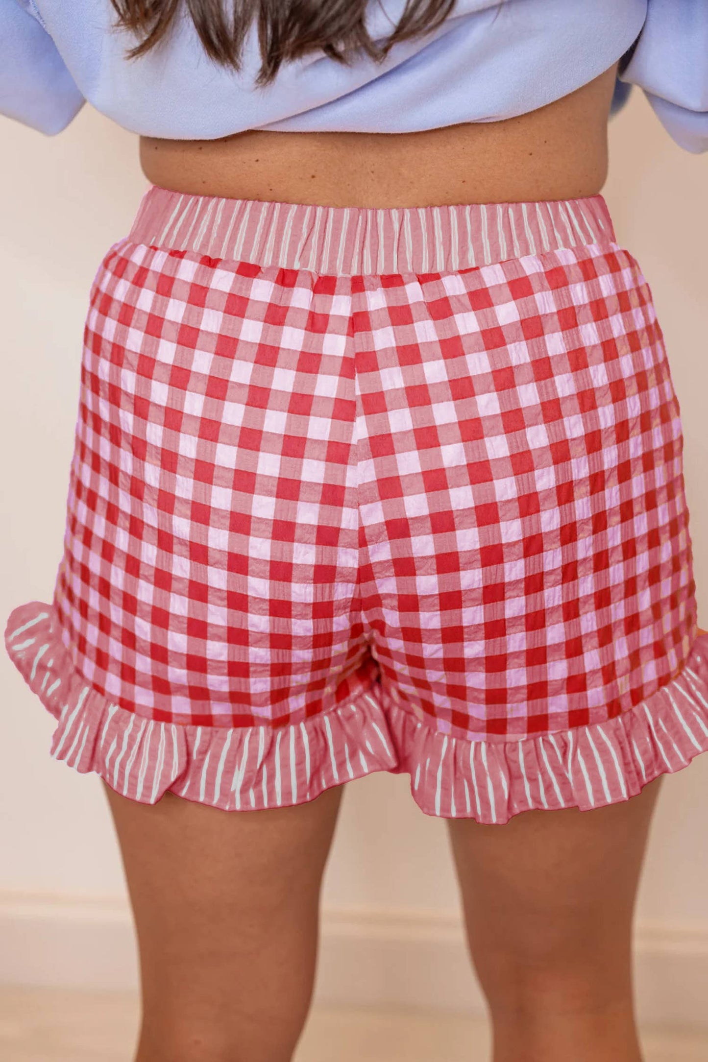 66 Plus Plaid Checkered Gingham Print Ruffled Shorts (S-4X)