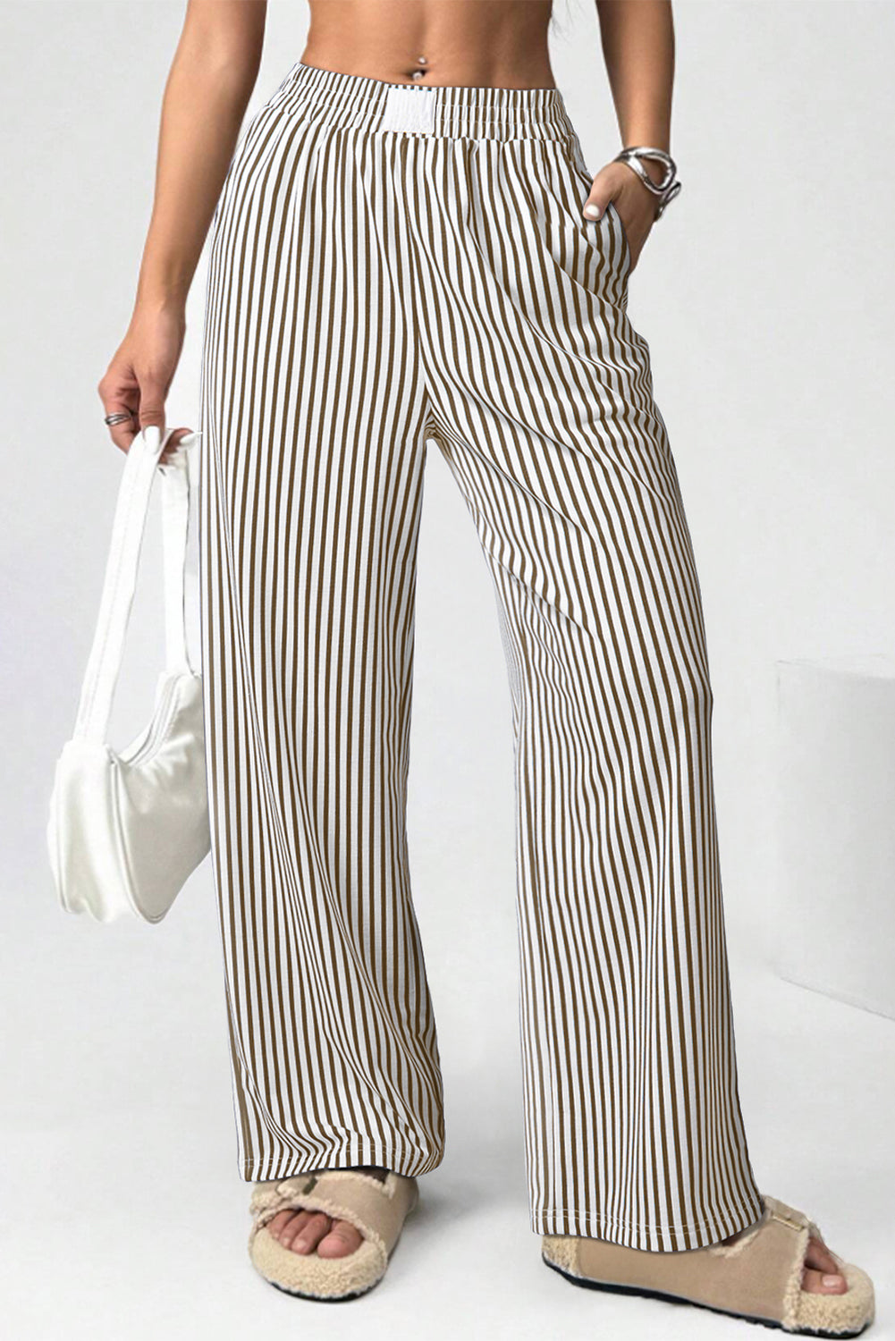 Brown Striped Elastic Waistband Pocketed Loose Pants