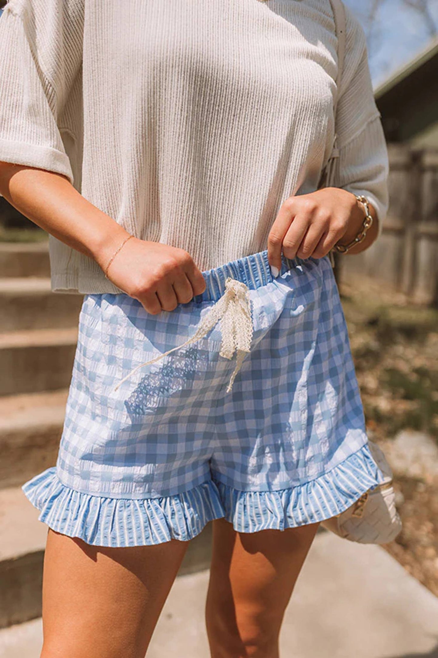66 Plus Plaid Checkered Gingham Print Ruffled Shorts (S-4X)