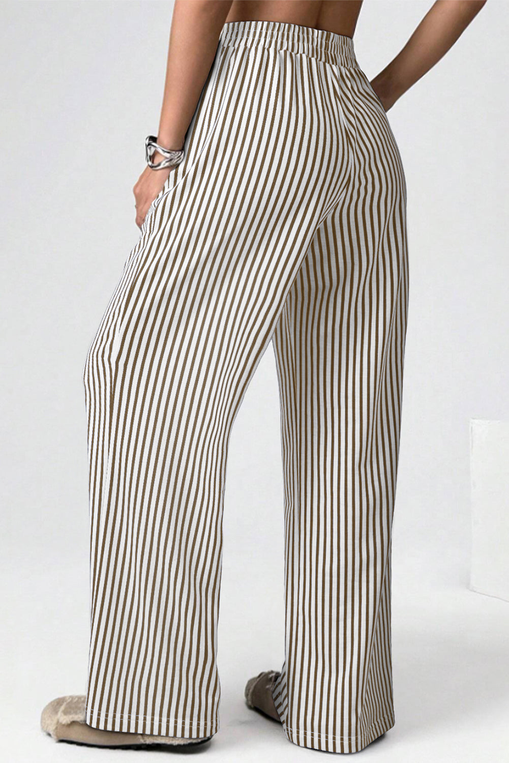 Brown Striped Elastic Waistband Pocketed Loose Pants