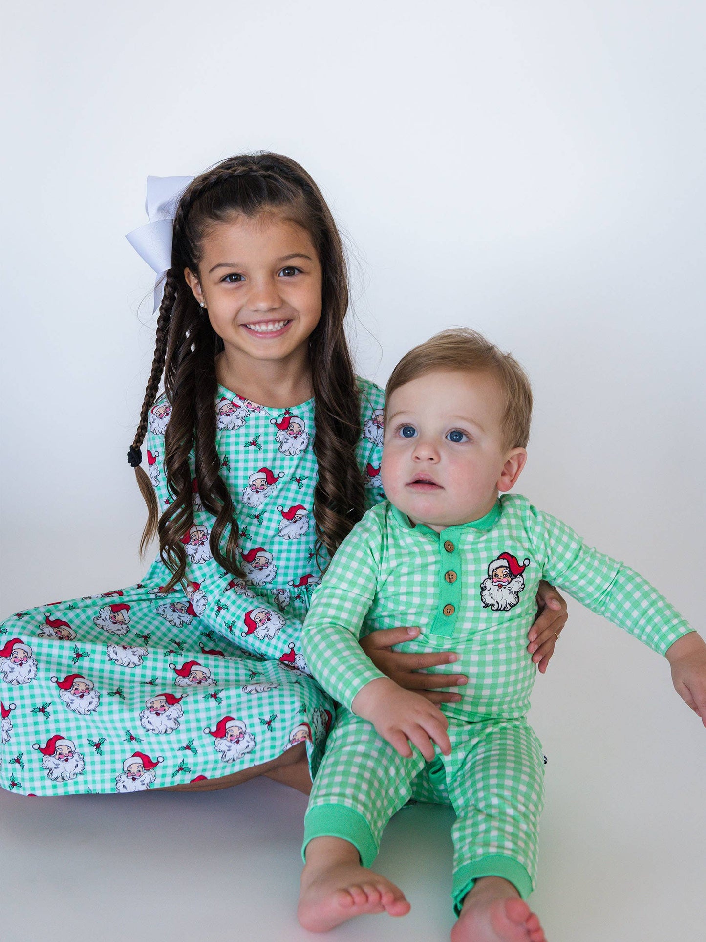 Baby Boys Dear Santa Green Gingham Knit Embroidered Henley Romper