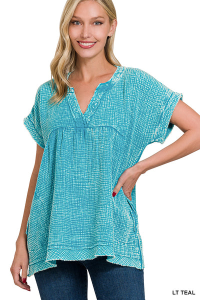 WASHED DOUBLE GAUZE RAW EDGE SHORT SLEEVE V-NECK SHIRT