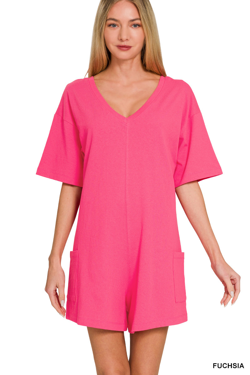 V OR SCOOP ROMPER POCKETS