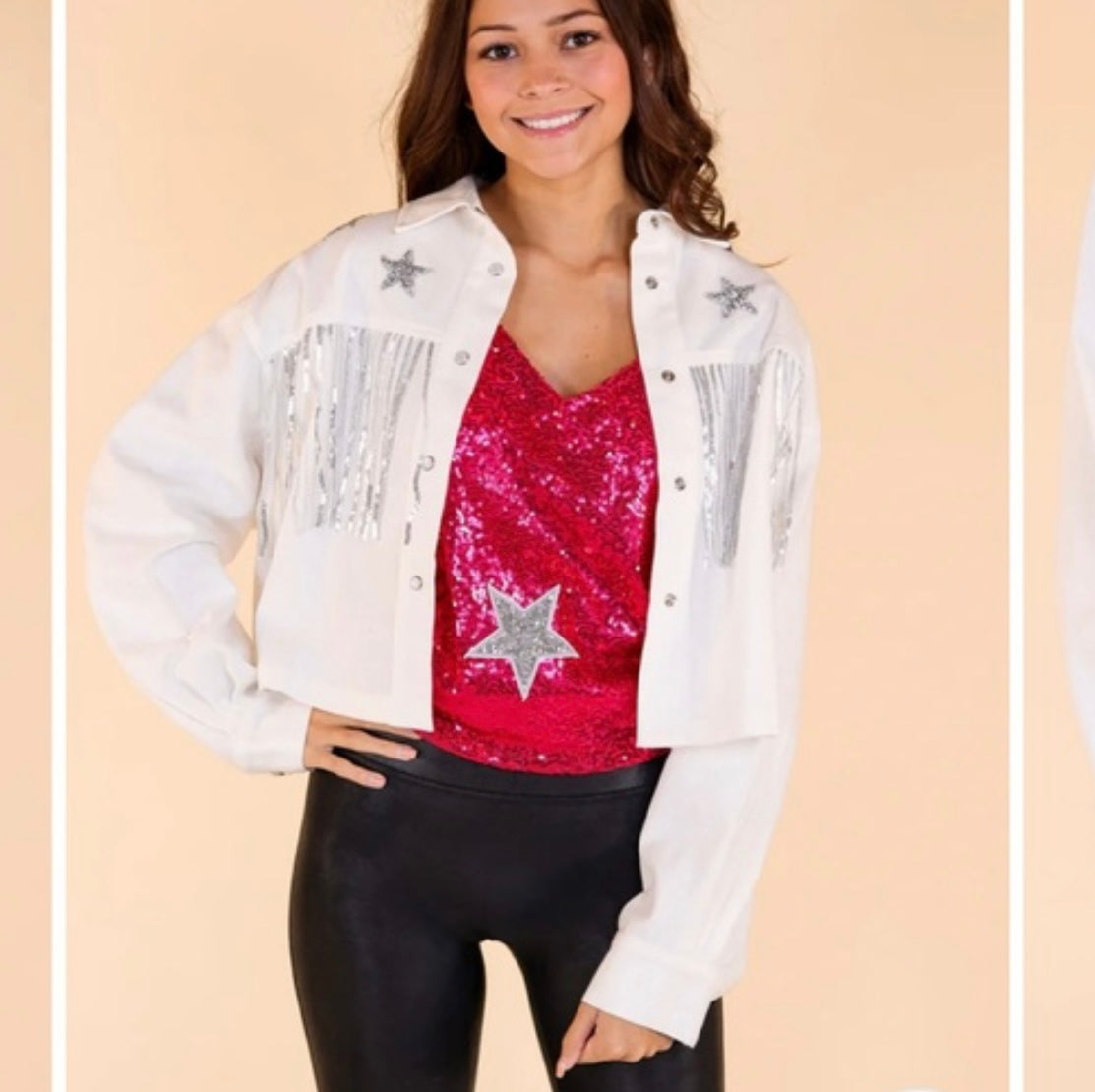 White Sequined Star Jean Jacket
