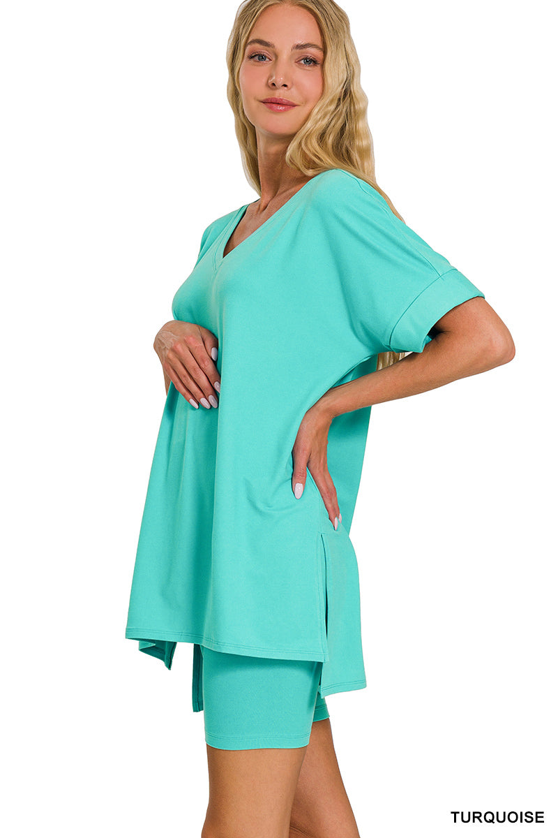 BRUSHED DTY MICROFIBER V-NECK TOP & BIKER SHORTS