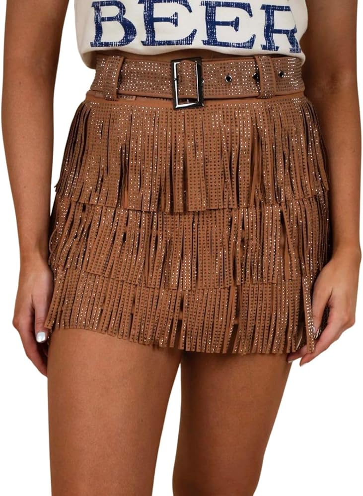Women's Rhinestone Fringe Mini Skirt with Belt