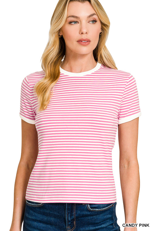 STRIPED CONTRAST TRIM TEE