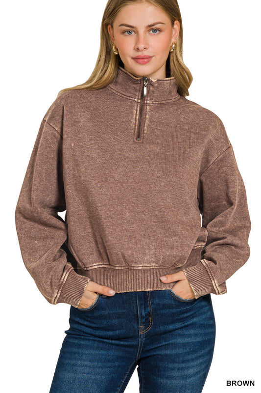 ACID WASH FLEECE HALF ZIP