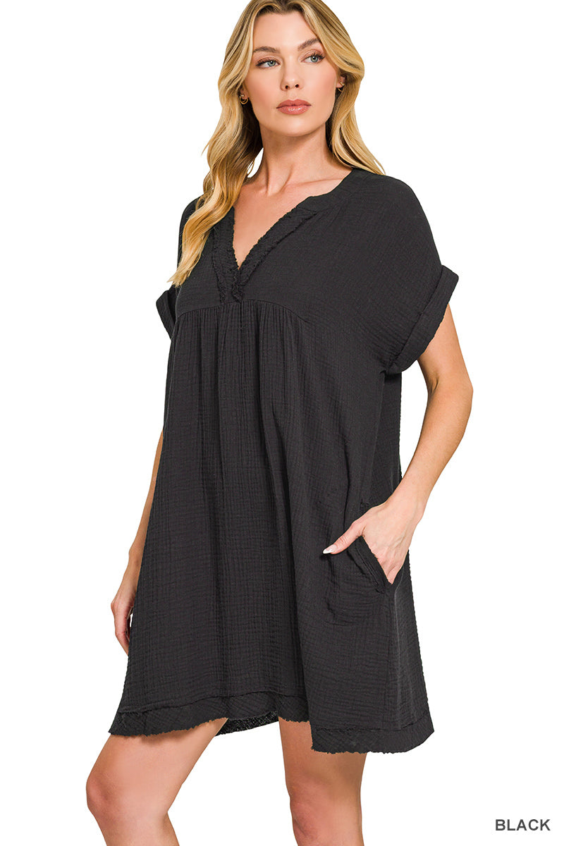 GAUZE EDGE V-NECK DRESS