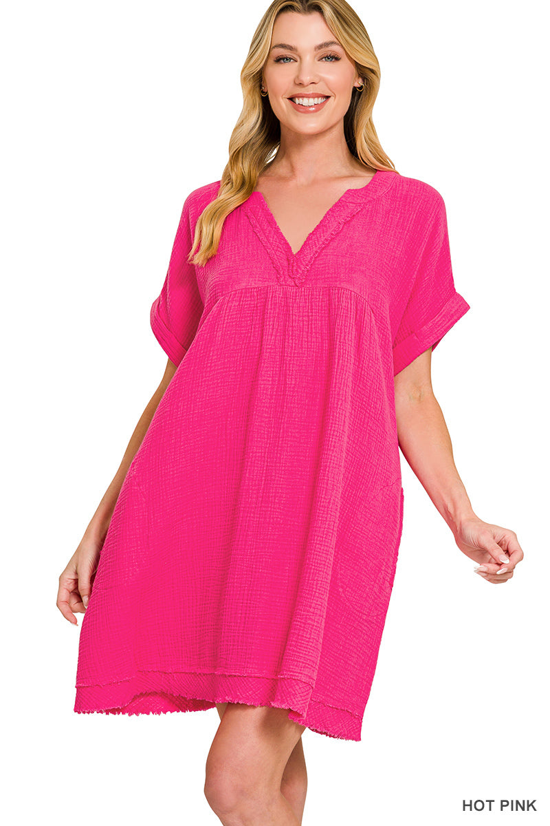 GAUZE EDGE V-NECK DRESS