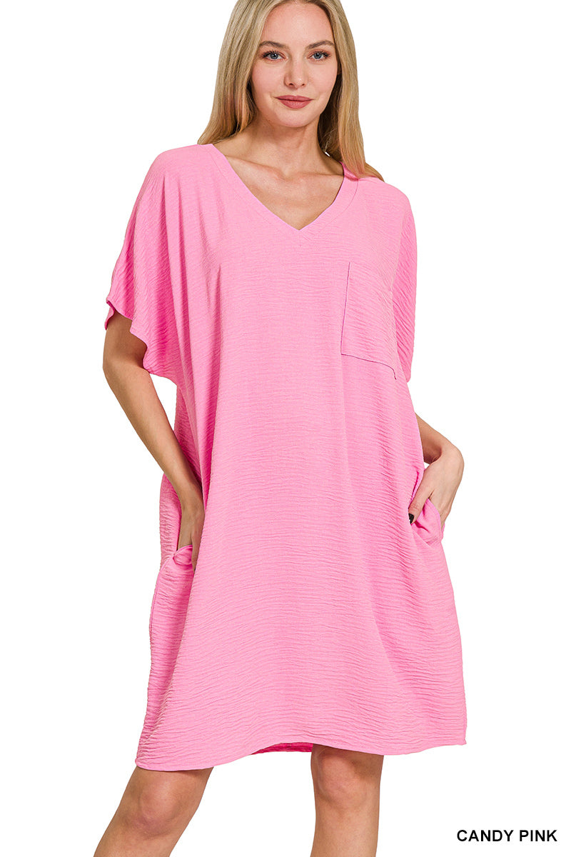 Woven airflow v neck dress w/pockets