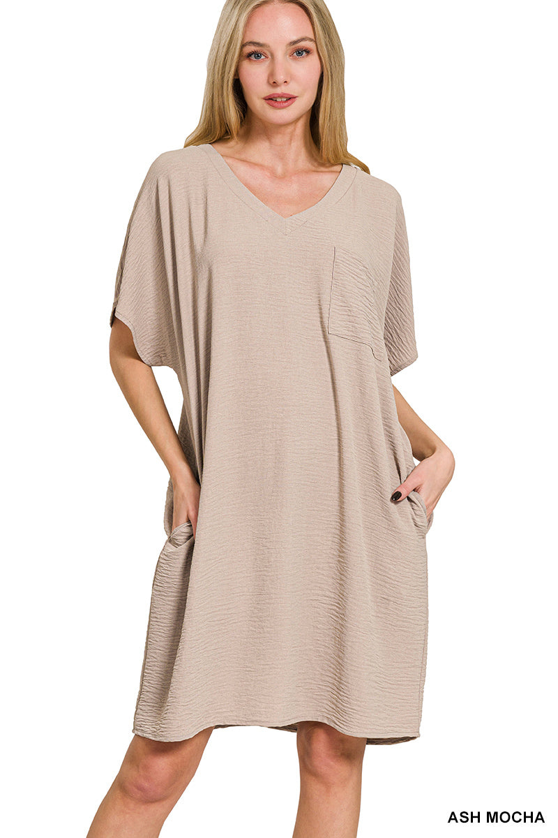 Woven airflow v neck dress w/pockets