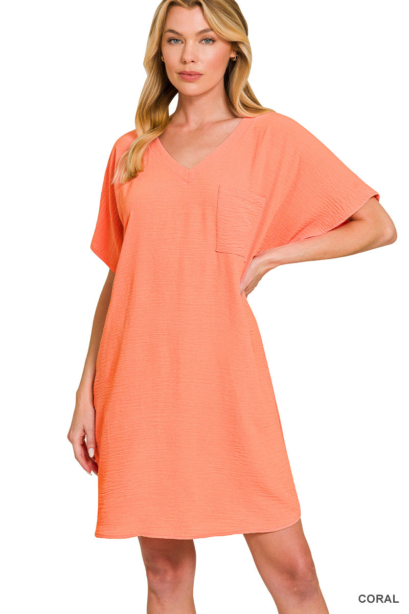 Woven airflow v neck dress w/pockets