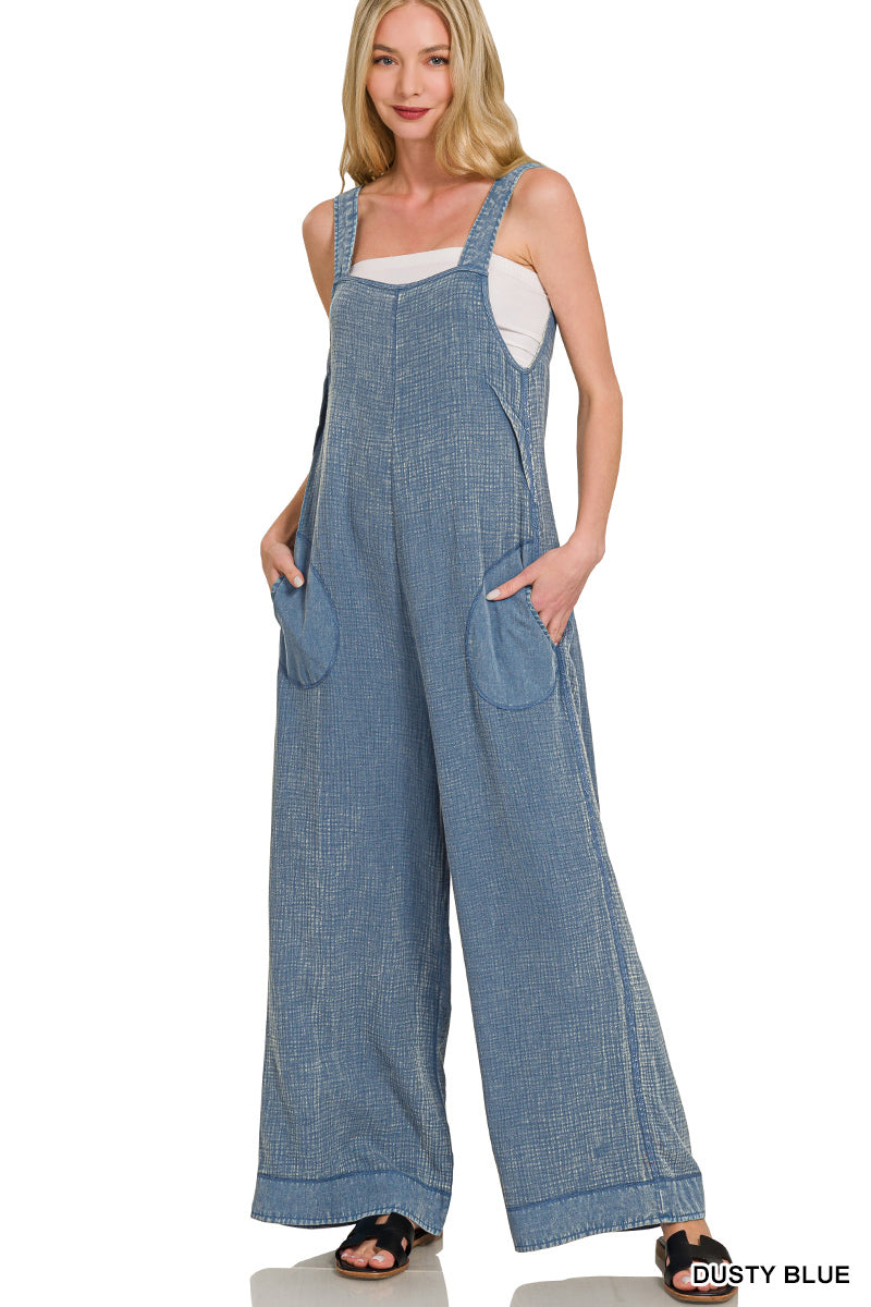 Gauze Washed Wide Leg Overalls