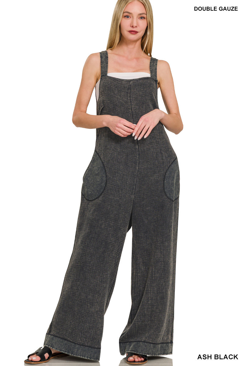 Gauze Washed Wide Leg Overalls