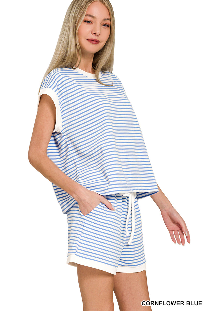 Stripe Contrast Trim Top & Shorts Set