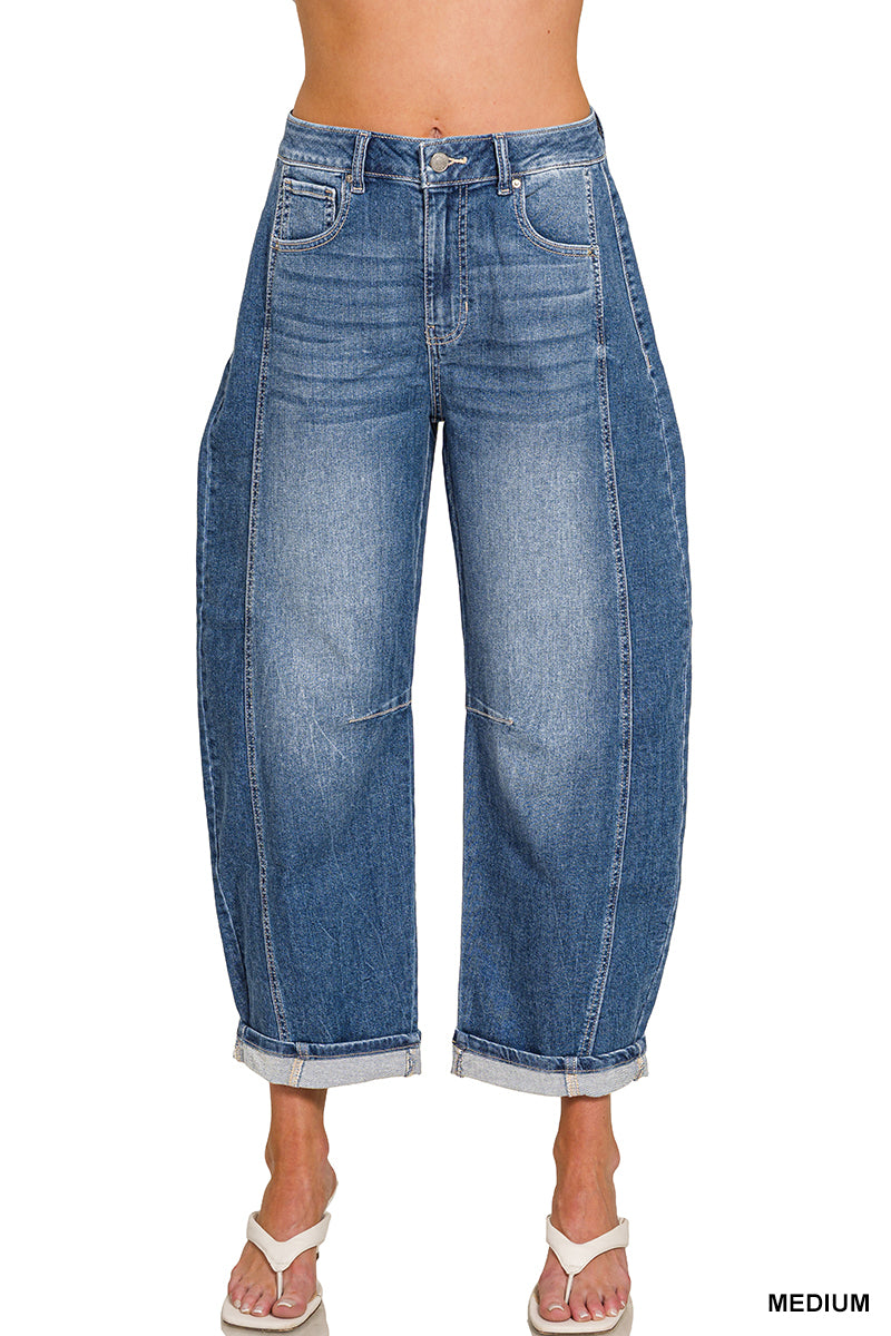 Barrel-Leg Cropped Denim Pants