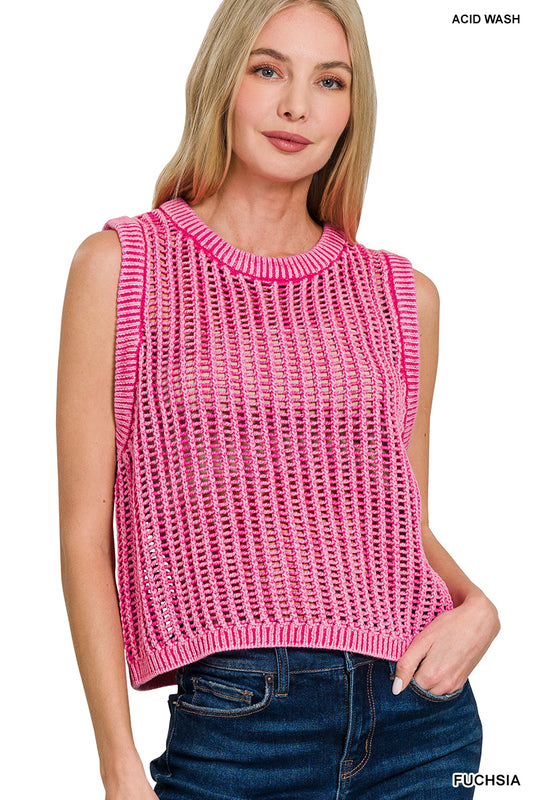 Acid washed fishnet sweater vest