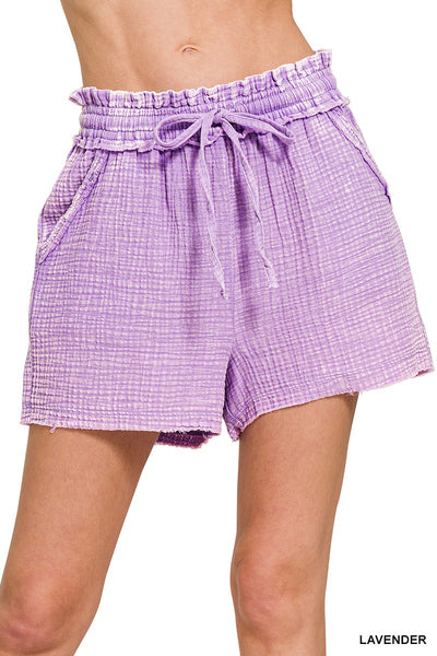 Washed Double Gauze Frayed Hem Drawstring Shorts with Pockets
