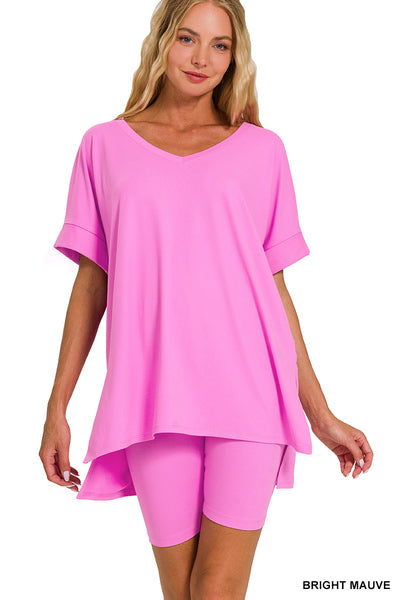 BRUSHED DTY MICROFIBER V-NECK HI-LOW HEM TOP &amp; BIKER SHORTS SET