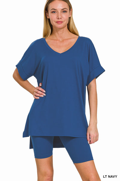 BRUSHED DTY MICROFIBER V-NECK HI-LOW HEM TOP &amp; BIKER SHORTS SET