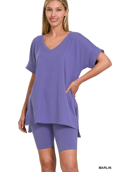 BRUSHED DTY MICROFIBER V-NECK HI-LOW HEM TOP &amp; BIKER SHORTS SET