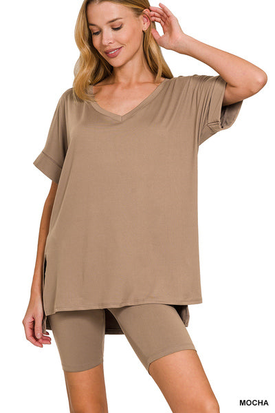 BRUSHED DTY MICROFIBER V-NECK HI-LOW HEM TOP &amp; BIKER SHORTS SET