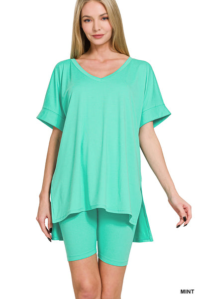 BRUSHED DTY MICROFIBER V-NECK HI-LOW HEM TOP &amp; BIKER SHORTS SET