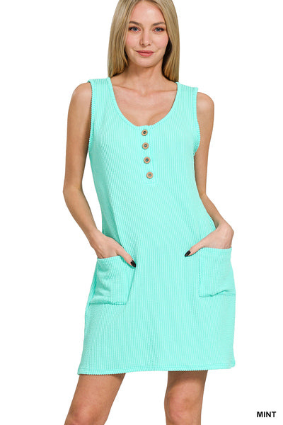 CORDED RIB SLEEVELESS TANK MINI DRESS WITH POCKETS