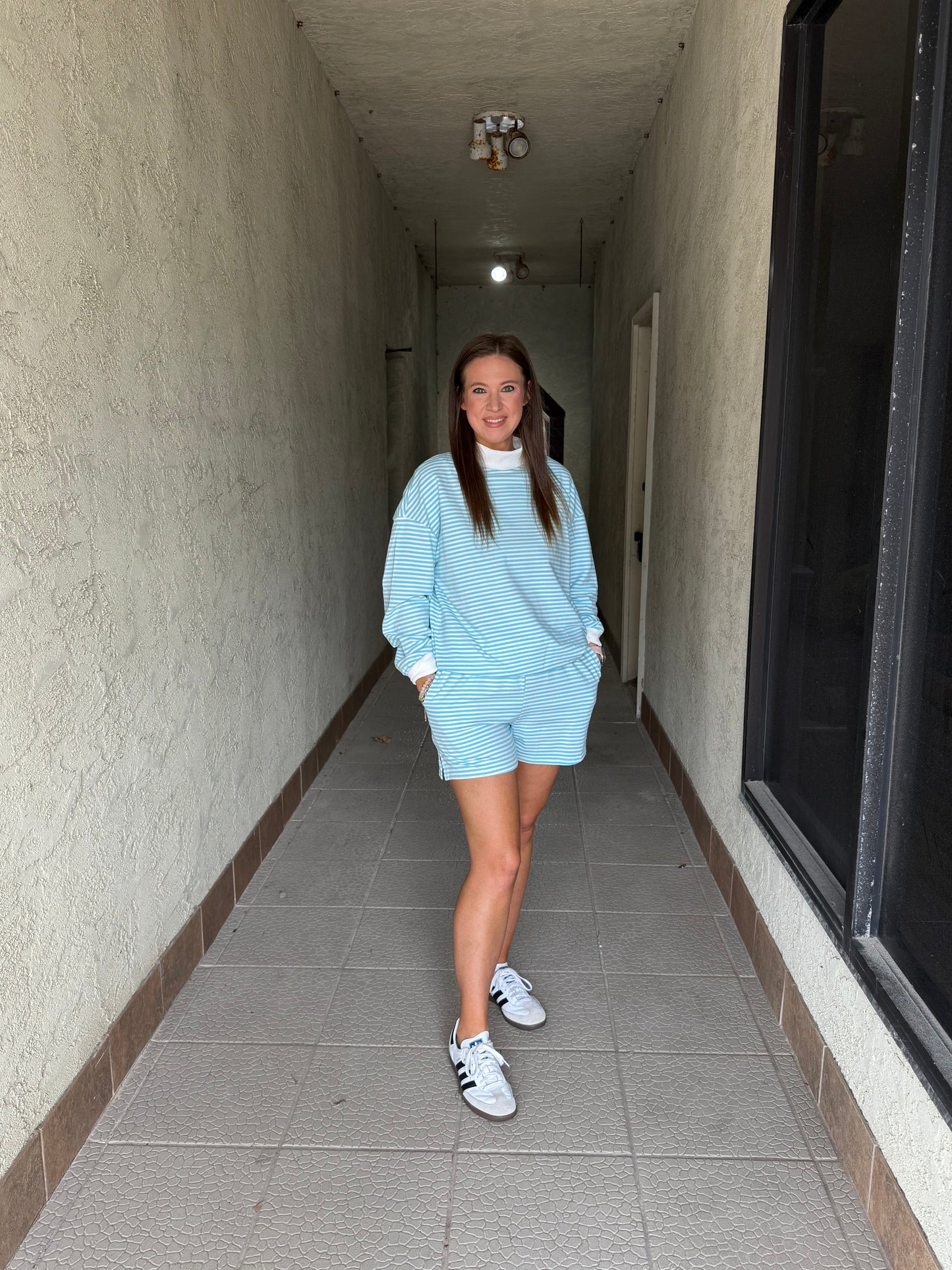 2 pc set striped mock neck short set